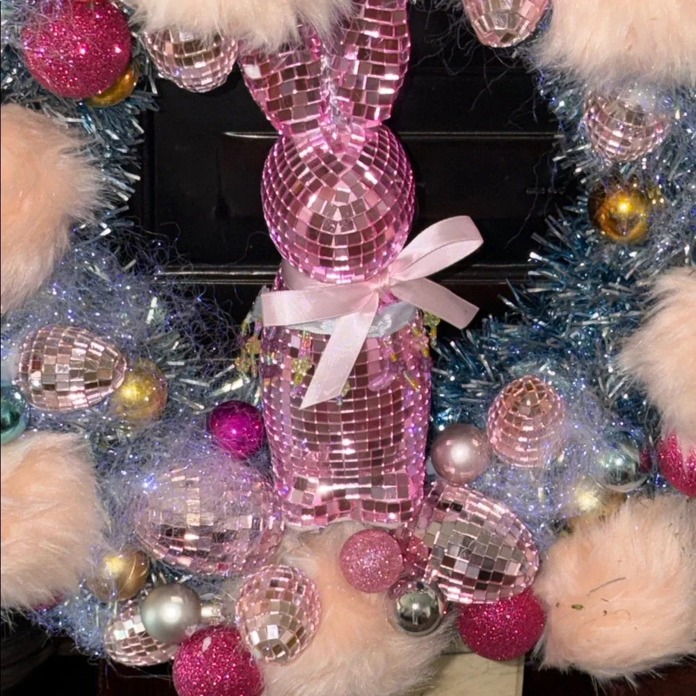 Easter wreath pink mirrored bunny rabbit and Easter Blue and Pink Holiday Wreath